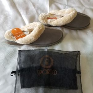 Sporto Cozy Slip on Gray Suede Slippers Faux Fur Lined Sz L NEW